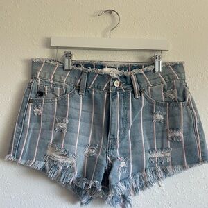 KanCan Light Blue Distressed Jean Shorts with Pink Stripes